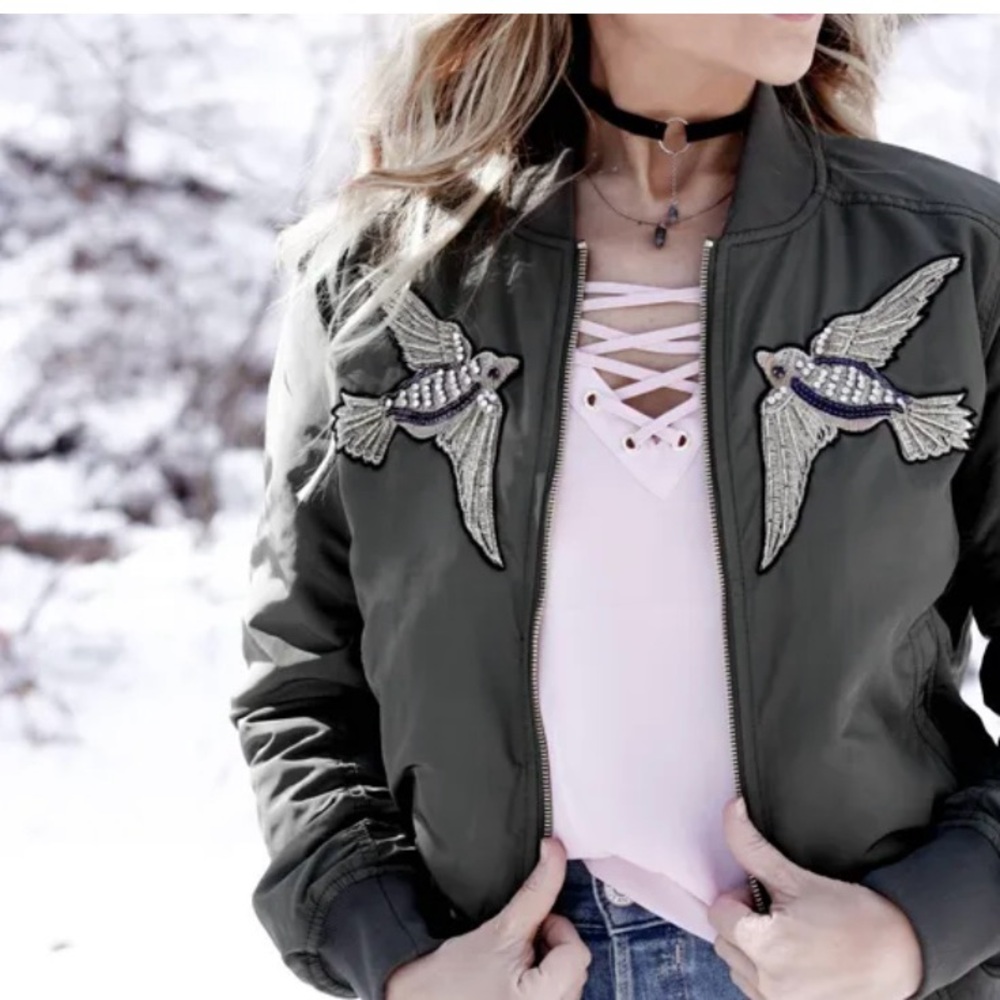 Express Olive Bomber Jacket with Embroidered Birds Army Green Embellished Size M
